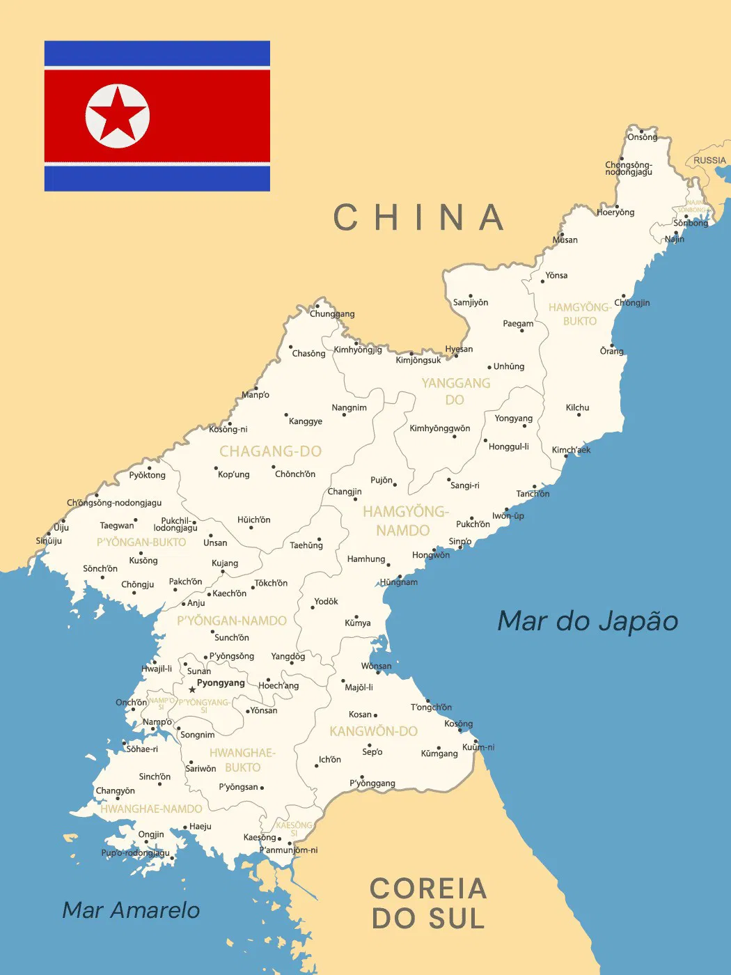 Mapa da Coreia do Norte em tom amarelado com as regiões, principais cidades, rios e fronteiras.