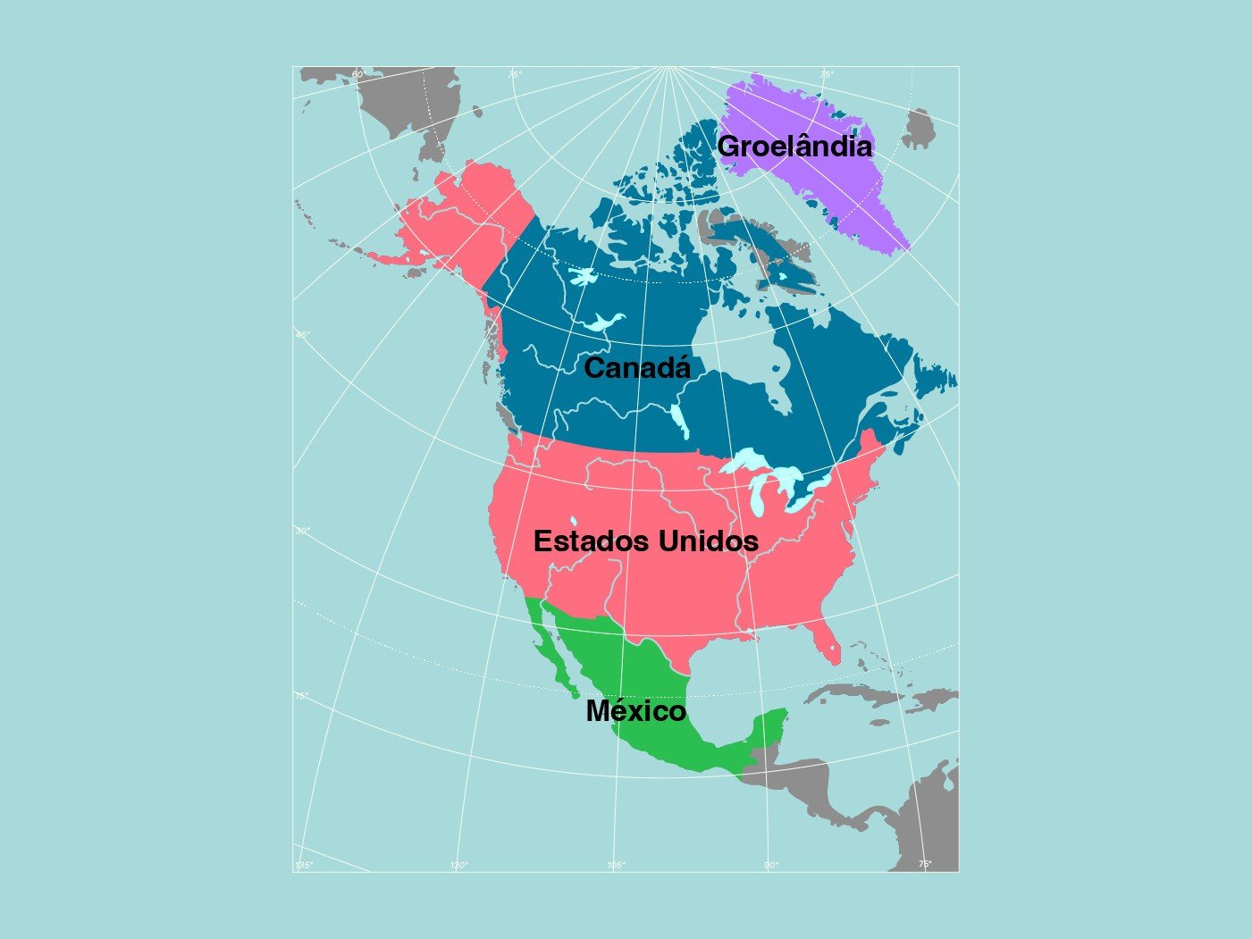 Mapa da América do Norte identificando os Estados Unidos, Canadá, México e Groelândia.