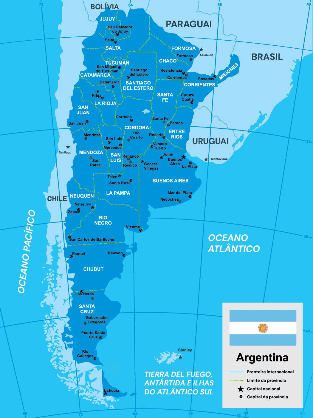 Mapa político da Argentina em azul, mostrando todas as províncias e suas capitais;