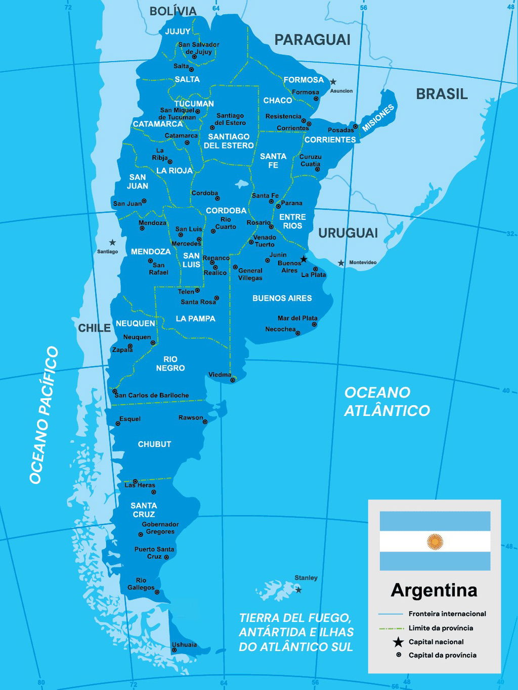 Mapa político da Argentina em azul, mostrando todas as províncias e suas capitais;