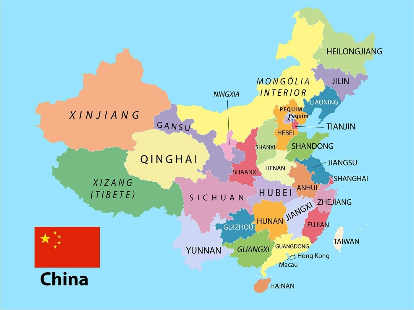 Mapa da China divido por províncias, com os seus respectivos nomes.