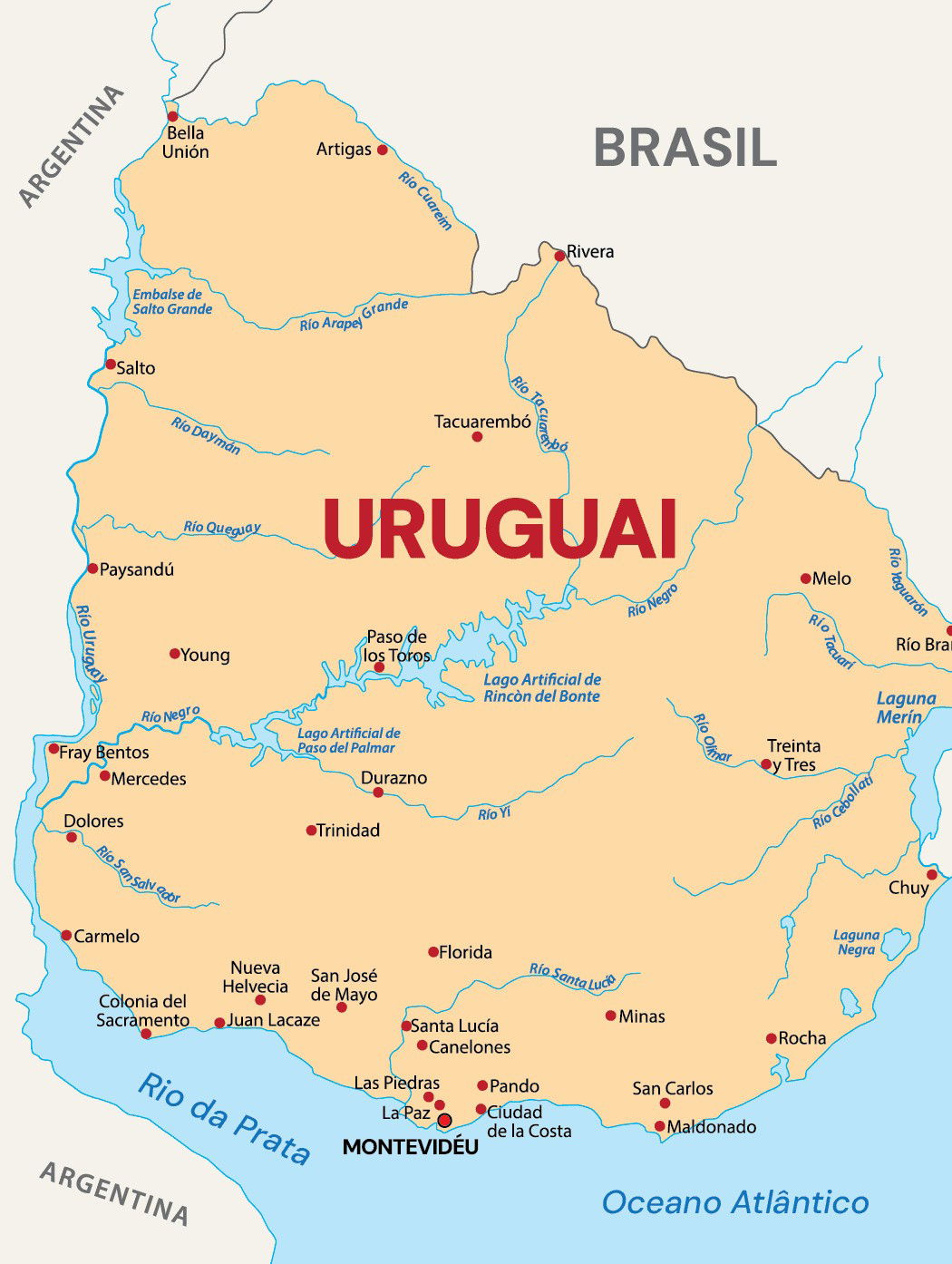 Mapa do Uruguai em amarelo com suas principais cidades destacadas, assim como seus rios em azul.