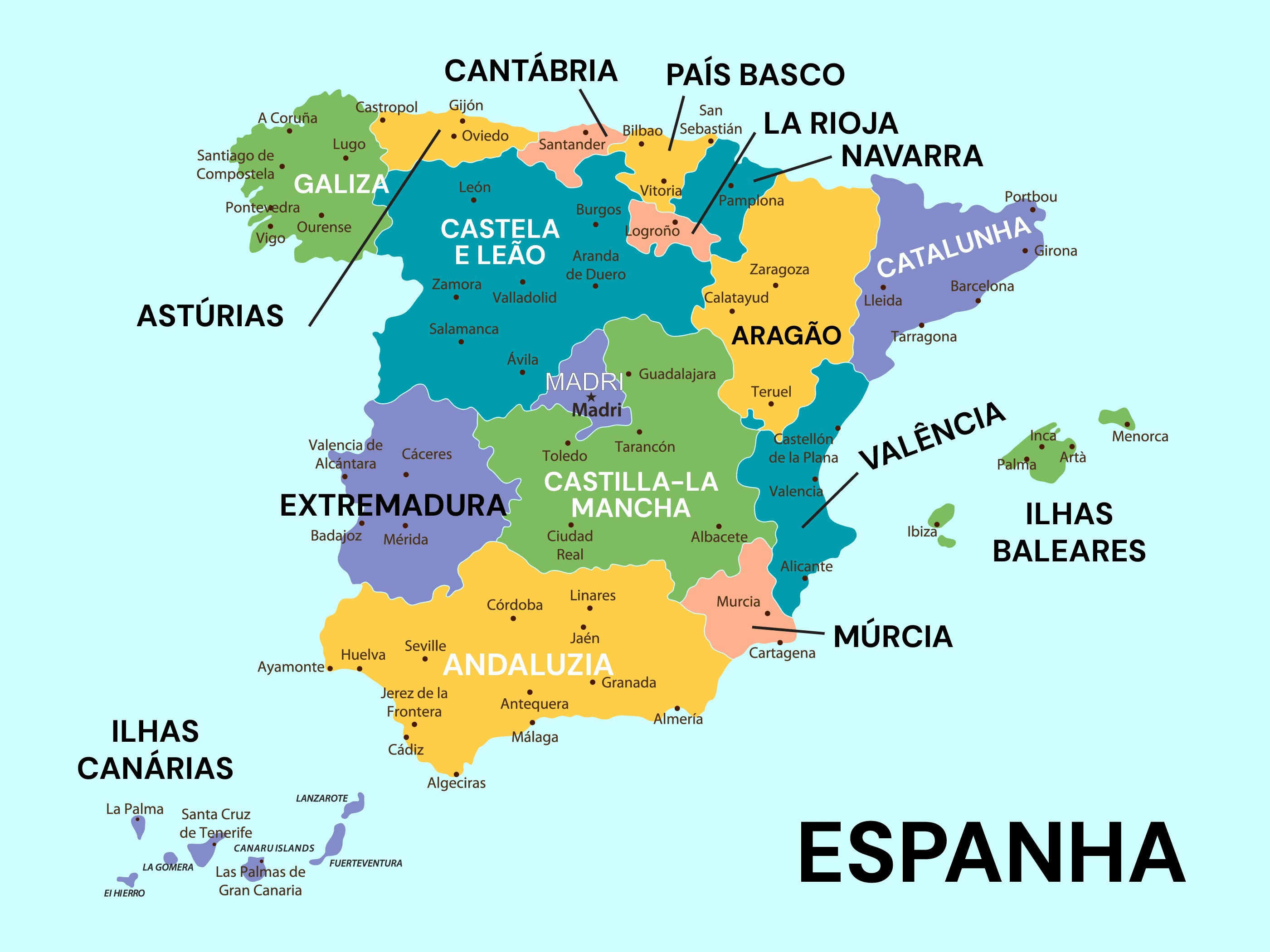 Mapa da Espanha com todas as comunidades autônomas e cidades importantes destacadas em cores diferentes.