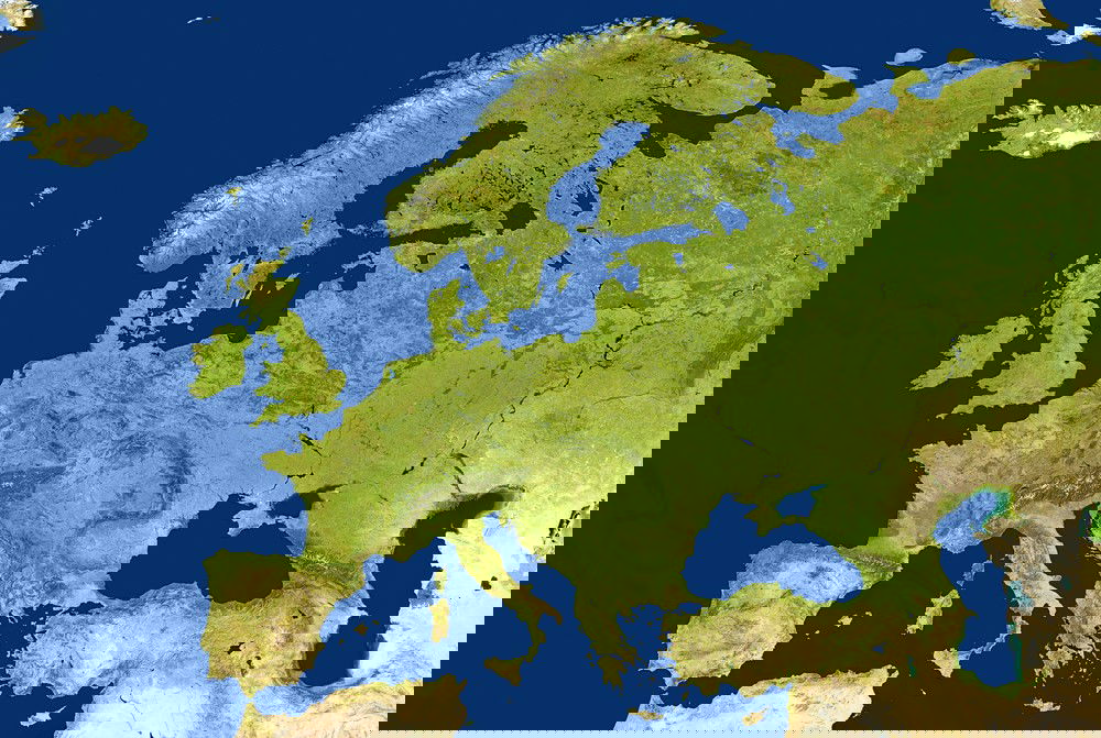 Mapa físico da Europa, por visão de satélite.