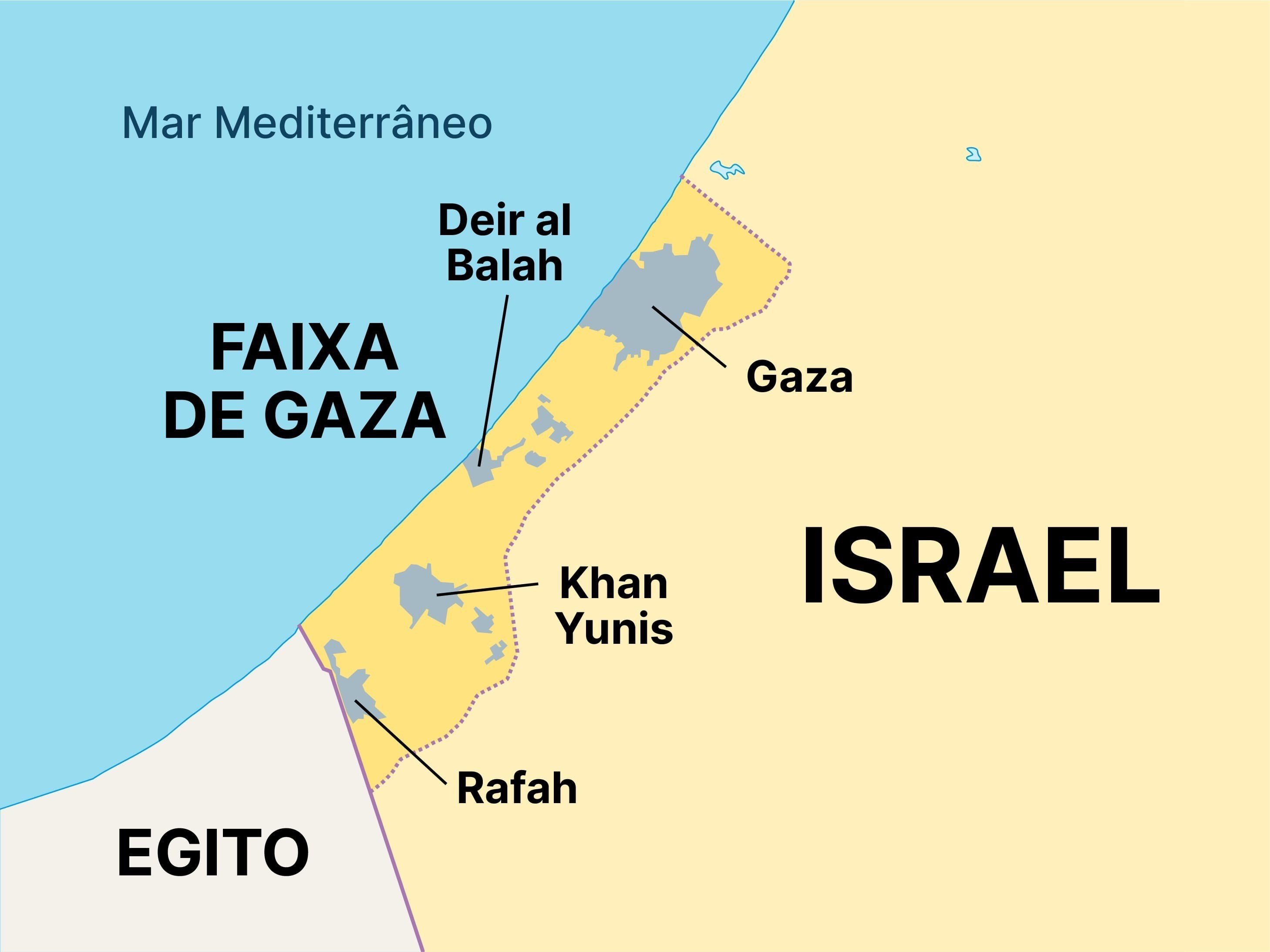 Mapa da Faixa de Gaza com a região em amarelo e as principais cidades em cinza.