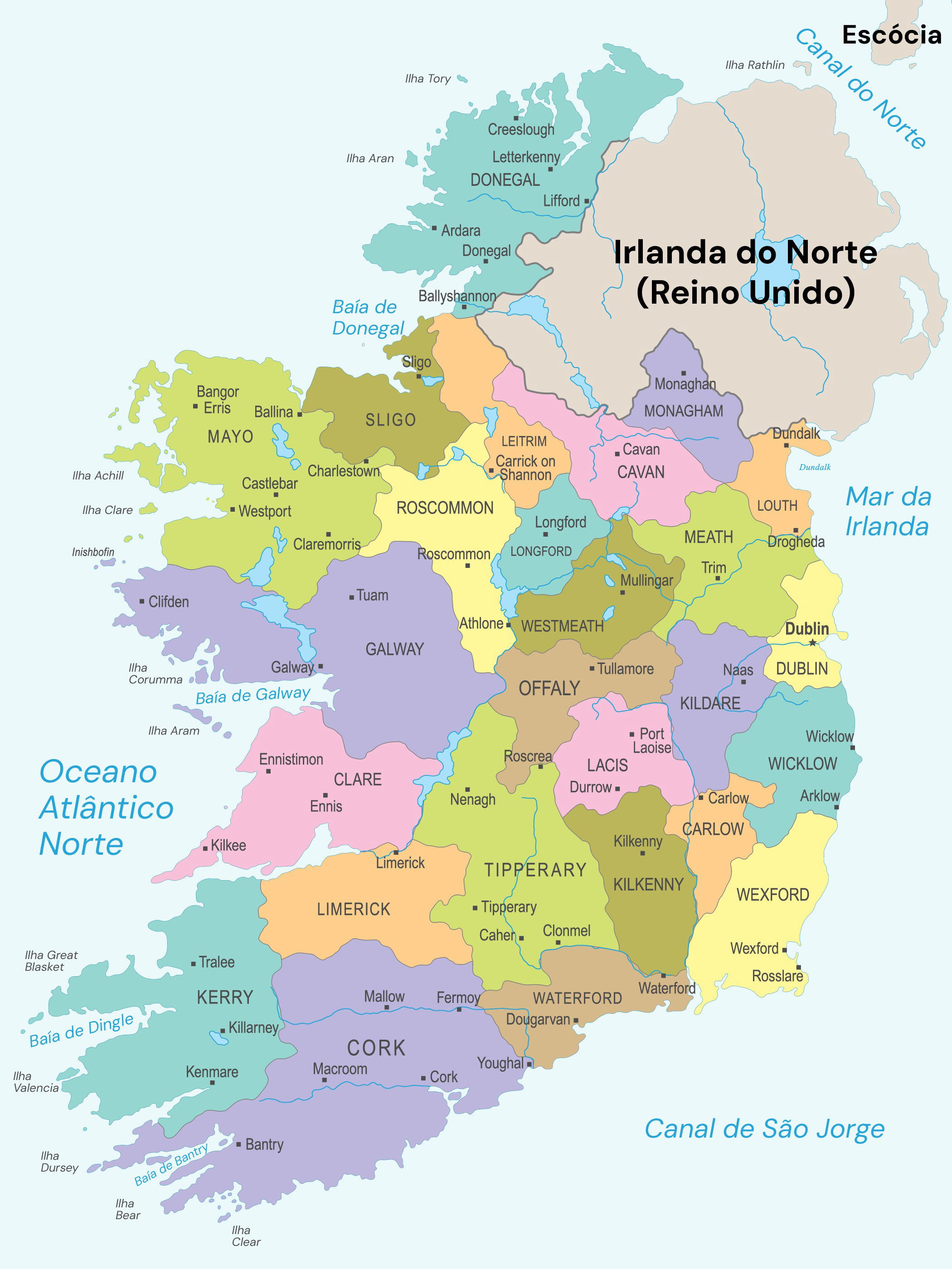 Mapa político da Irlanda com as principais regiões e cidades destacadas por diferentes cores.