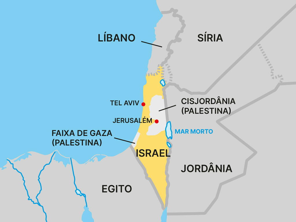 Mapa de Israel destacado em amarelo, com a cidade de Jerusalém e Tel Aviv.