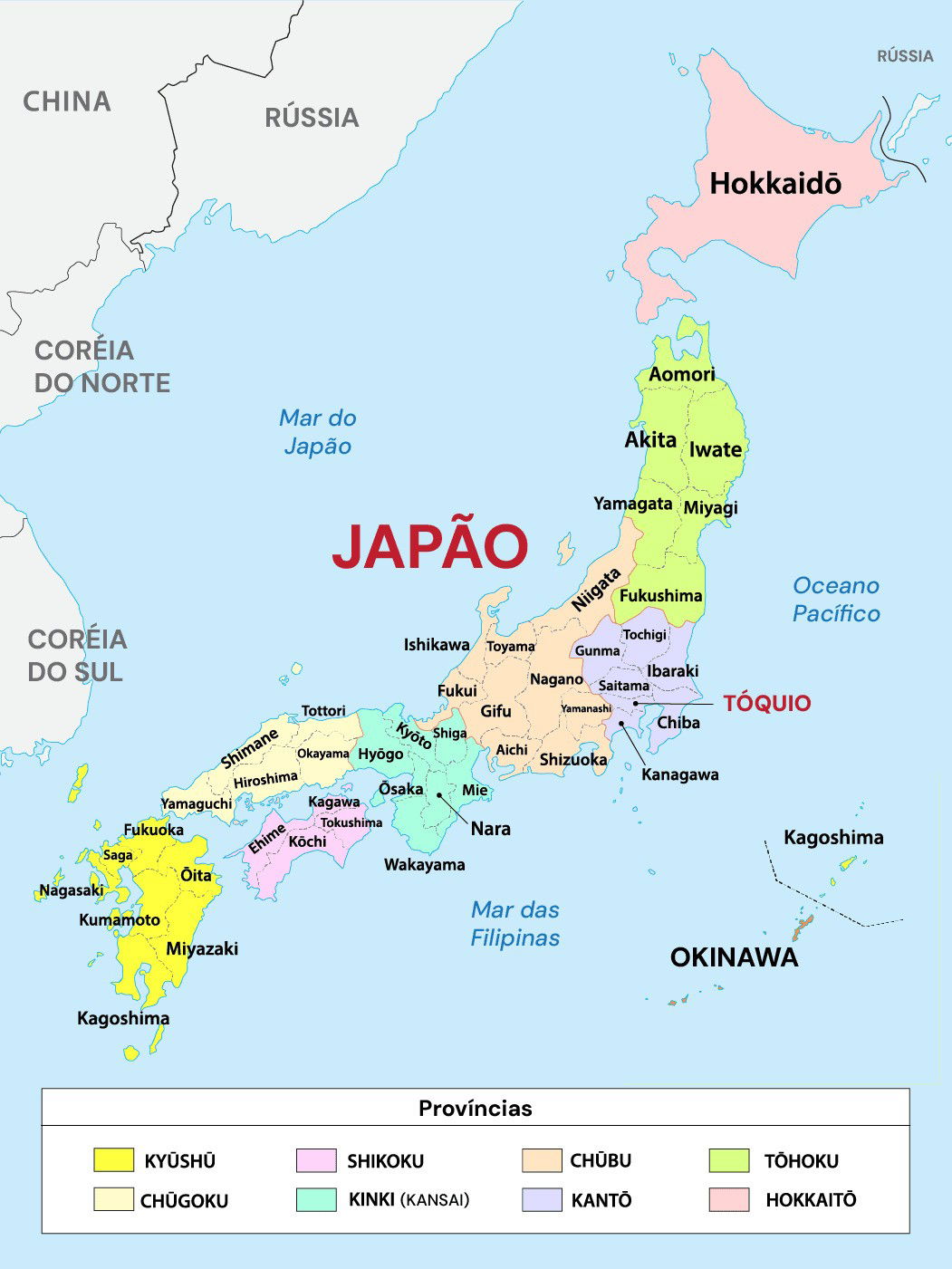 Mapa do Japão com suas regiões e prefeituras em diferentes cores.