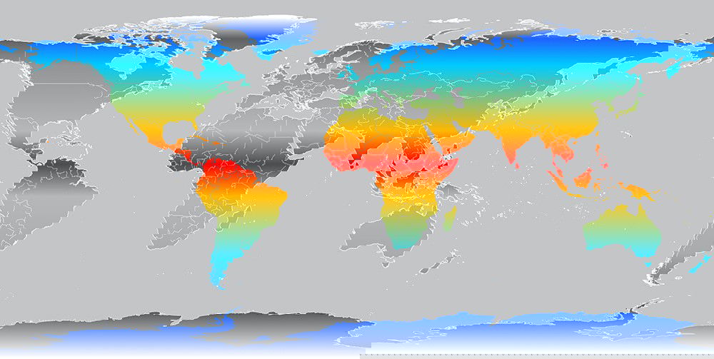 Mapa-mundo com tonalidades em branco, azul, laranja e vermelho para representar o clima ao redor do planeta.