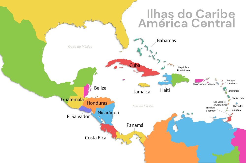 Mapa político da América Central com o nome dos países.