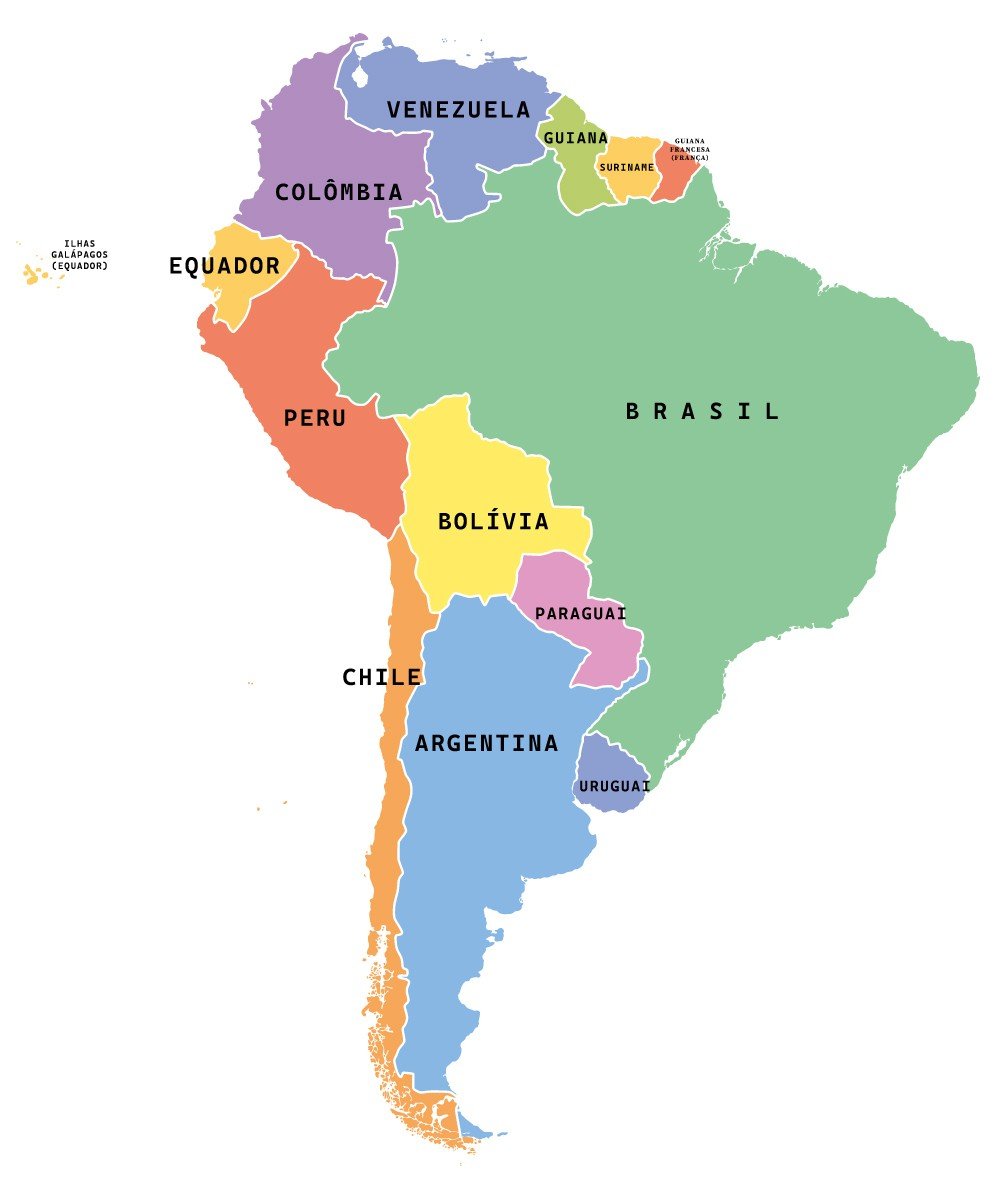 Mapa político da América do Sul com os países e nomes em cores.
