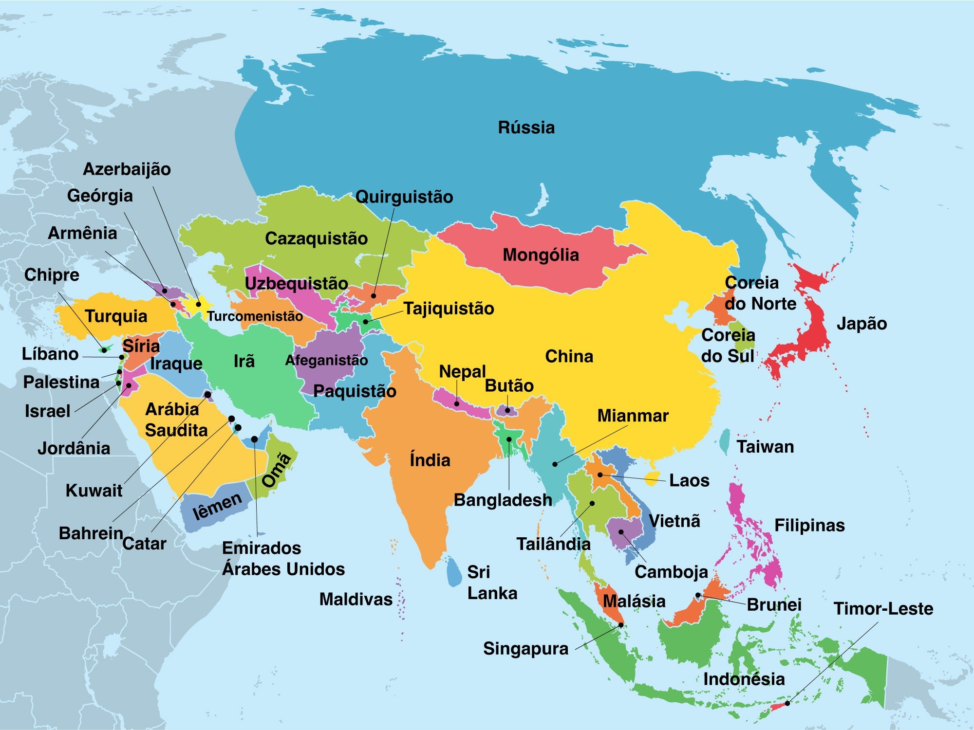 Mapa político do continente asiático com o nome de todos os países.