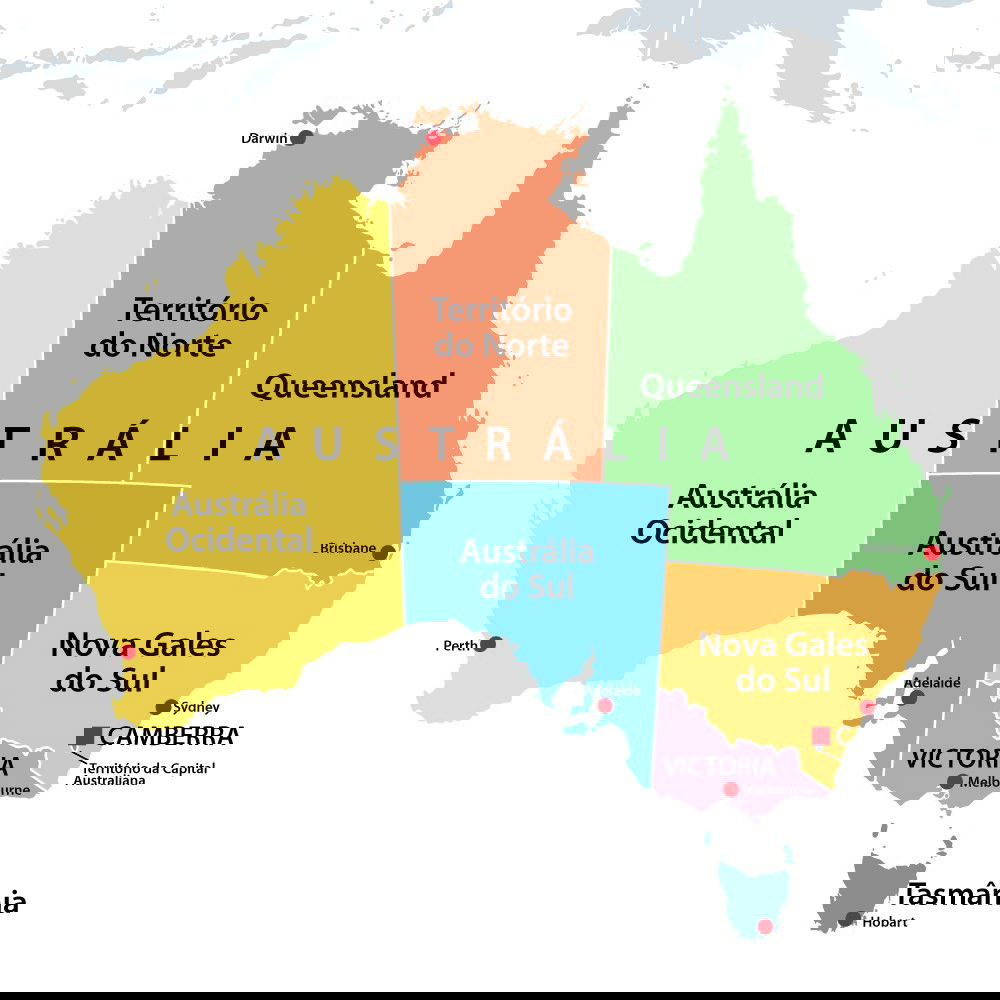 Mapa político da Austrália com os estados em cores diferentes e seus nomes.