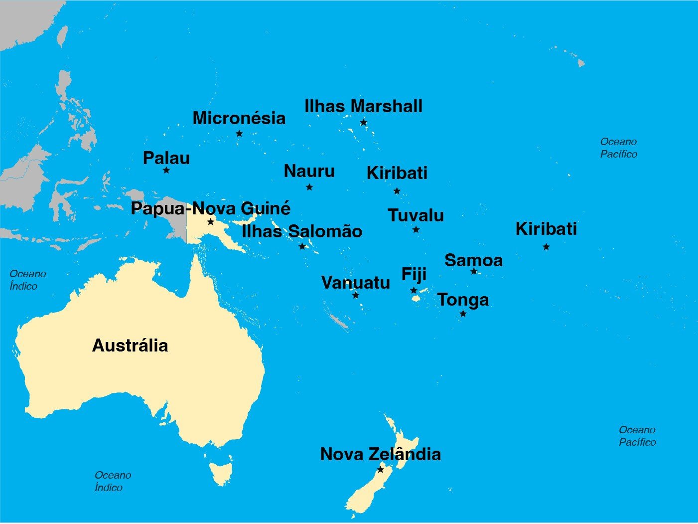 Mapa político da Oceania em tons de amarelo claro e com o nome de cada um dos países.