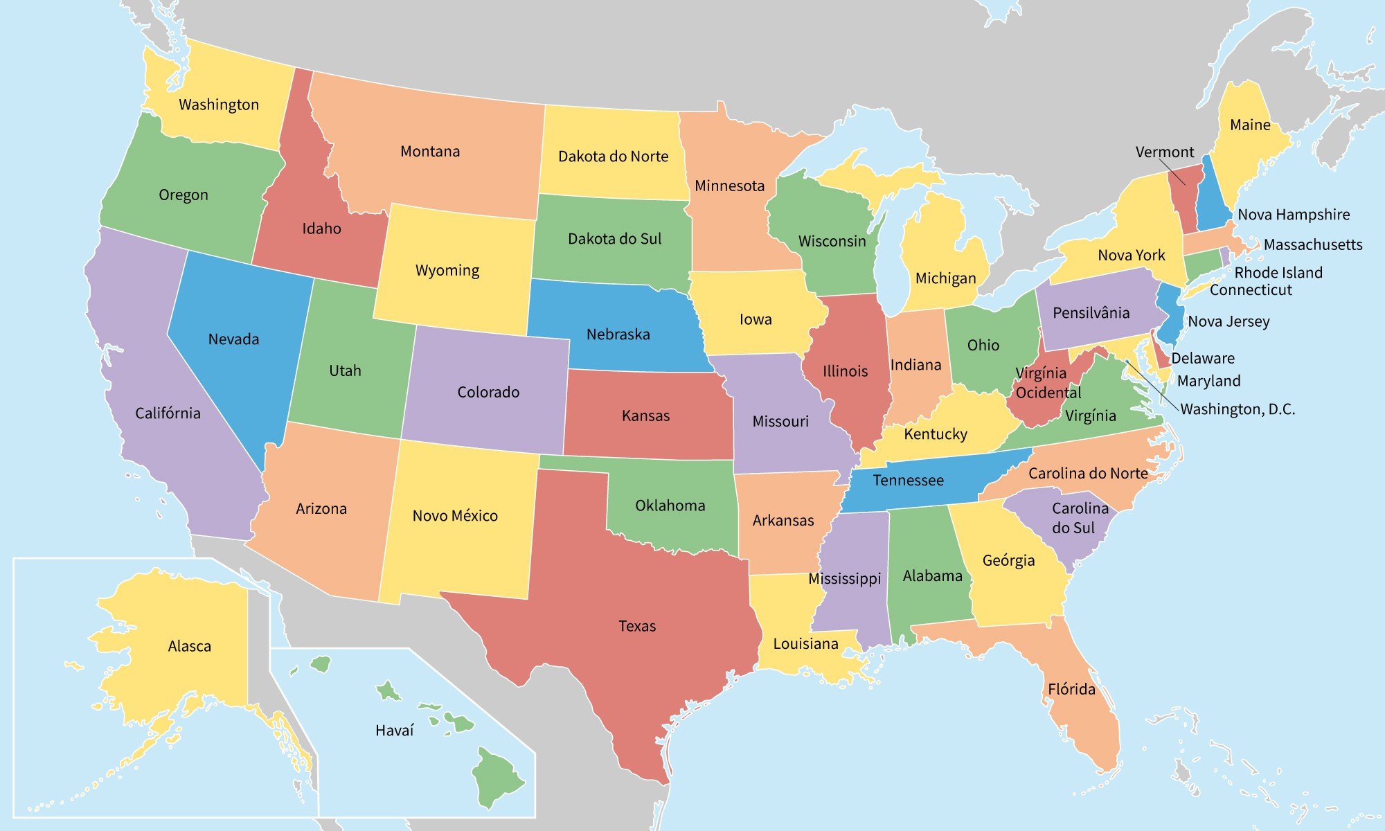 Mapa político dos Estados Unidos com a divisão dos estados e seus nomes.