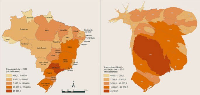 Mapa da população brasileira e sua respectiva anamorfose
