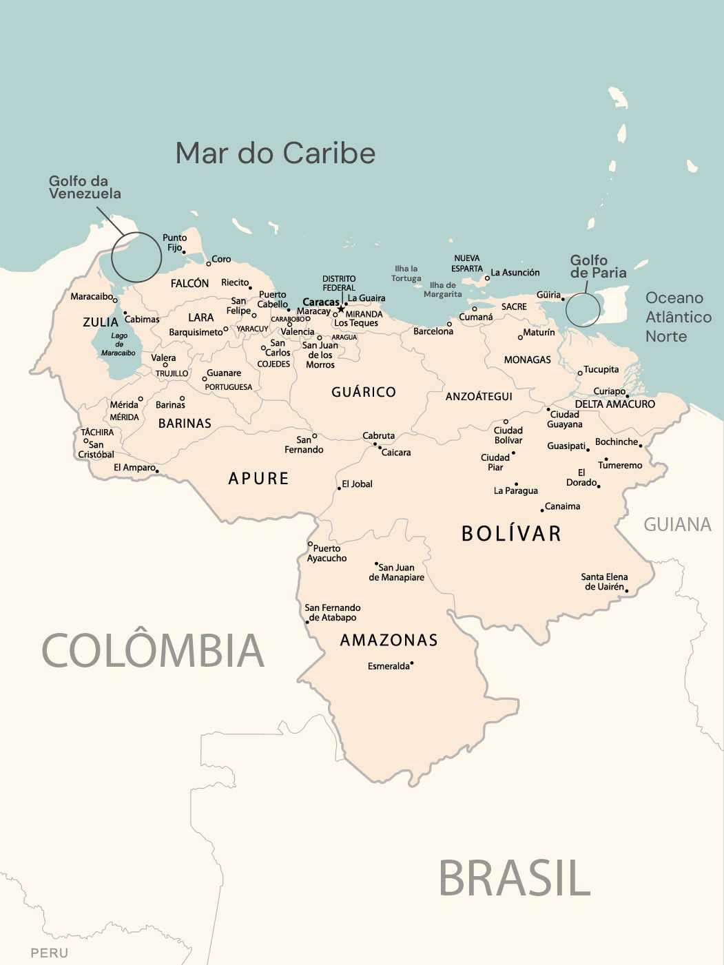 Mapa da Venezuela em amarelo claro com as principais cidades nomeadas.