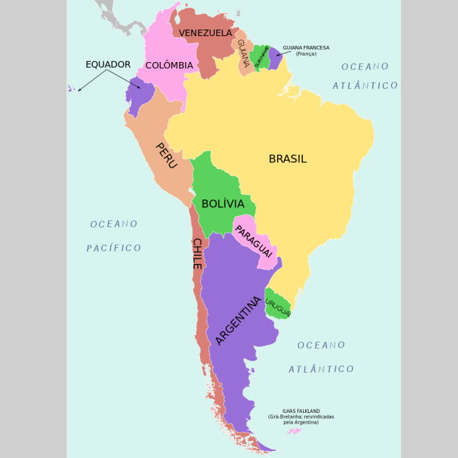 Mapa da América do Sul, com as fronteiras do Brasil