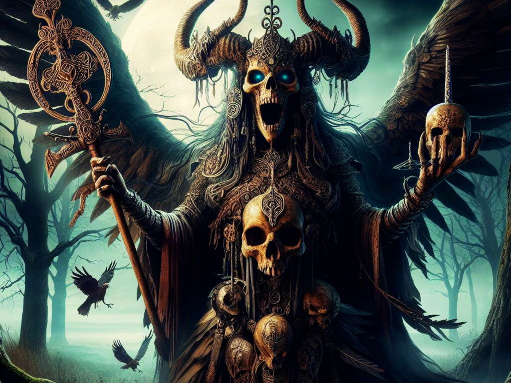 Deusa guerreira celta com caveiras e corvos