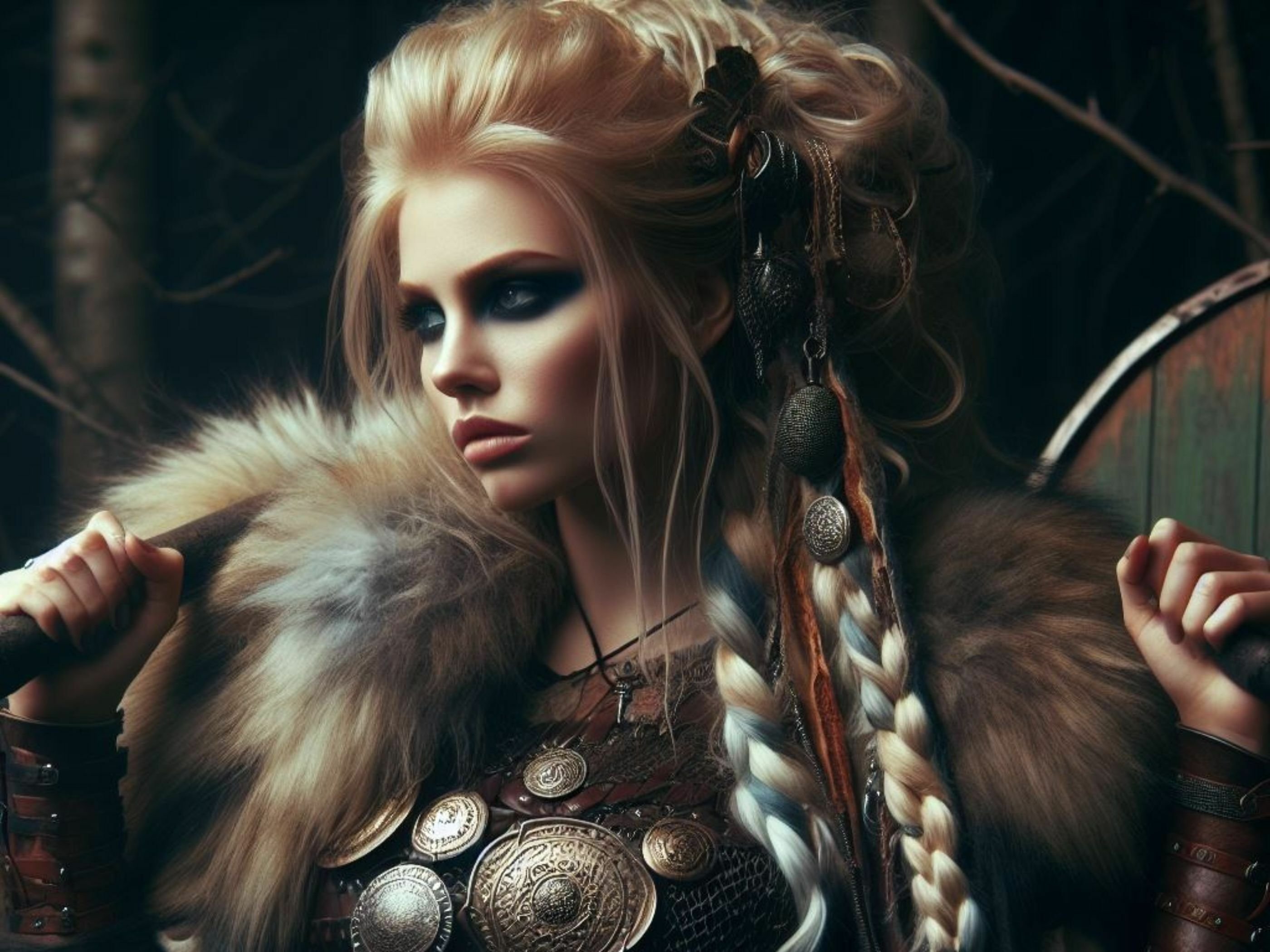 Mulher viking usando tranças e enfeites