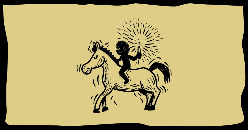 Menino negro montado em um cavalo ilustrando a lenda do Negrinho do Pastereio.