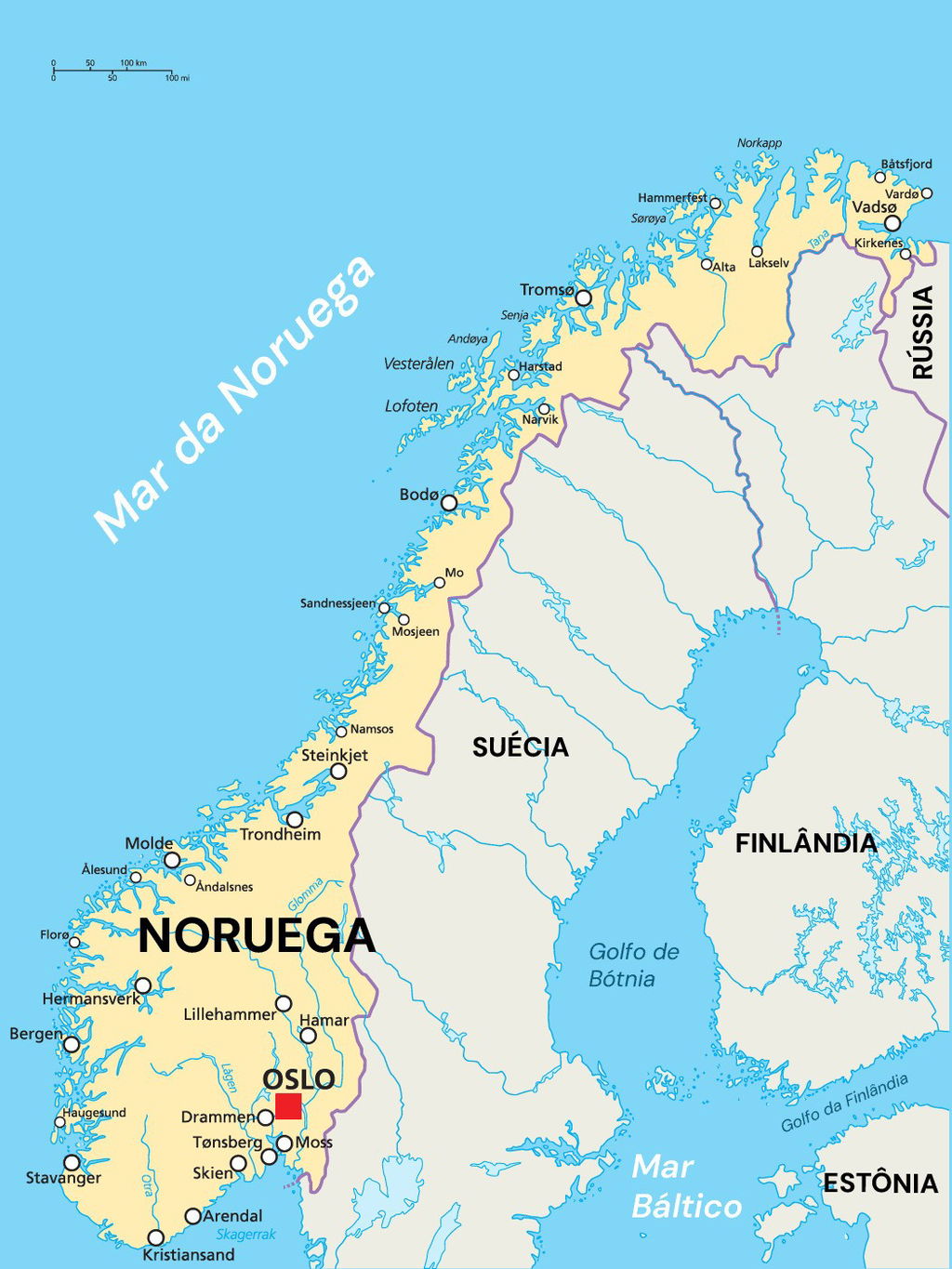 Mapa da Noruega em amarelo com as suas principais cidades destacadas.