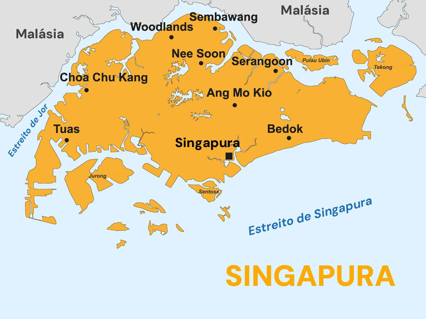 Mapa da cidade-estado de Singapura, em laranja, com os nomes das suas regiões.