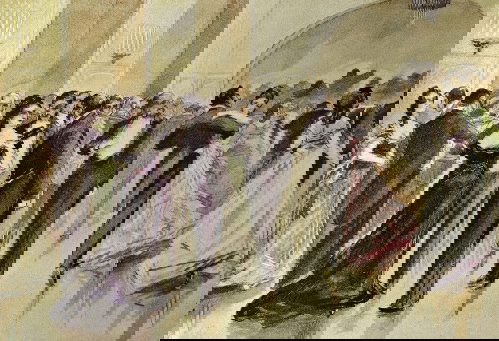 Pintura em tons de amarelo claro e lilás que mostra um baile europeu, com dança de salão.