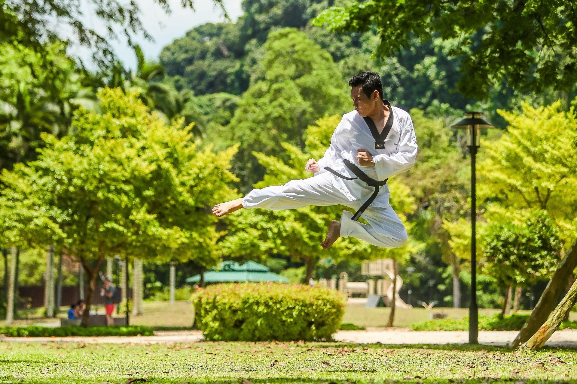 Homem de quimono branco, no ar, realizando um golpe de kung fu.