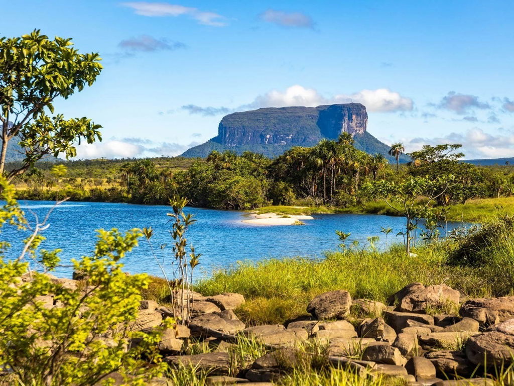 Lago de água azul cercado de floresta com uma montanha ao fundo.