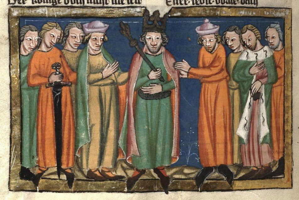 Pintura medieval que mostra uma coração, o rei ao centro cercado por homens dos dois lados.