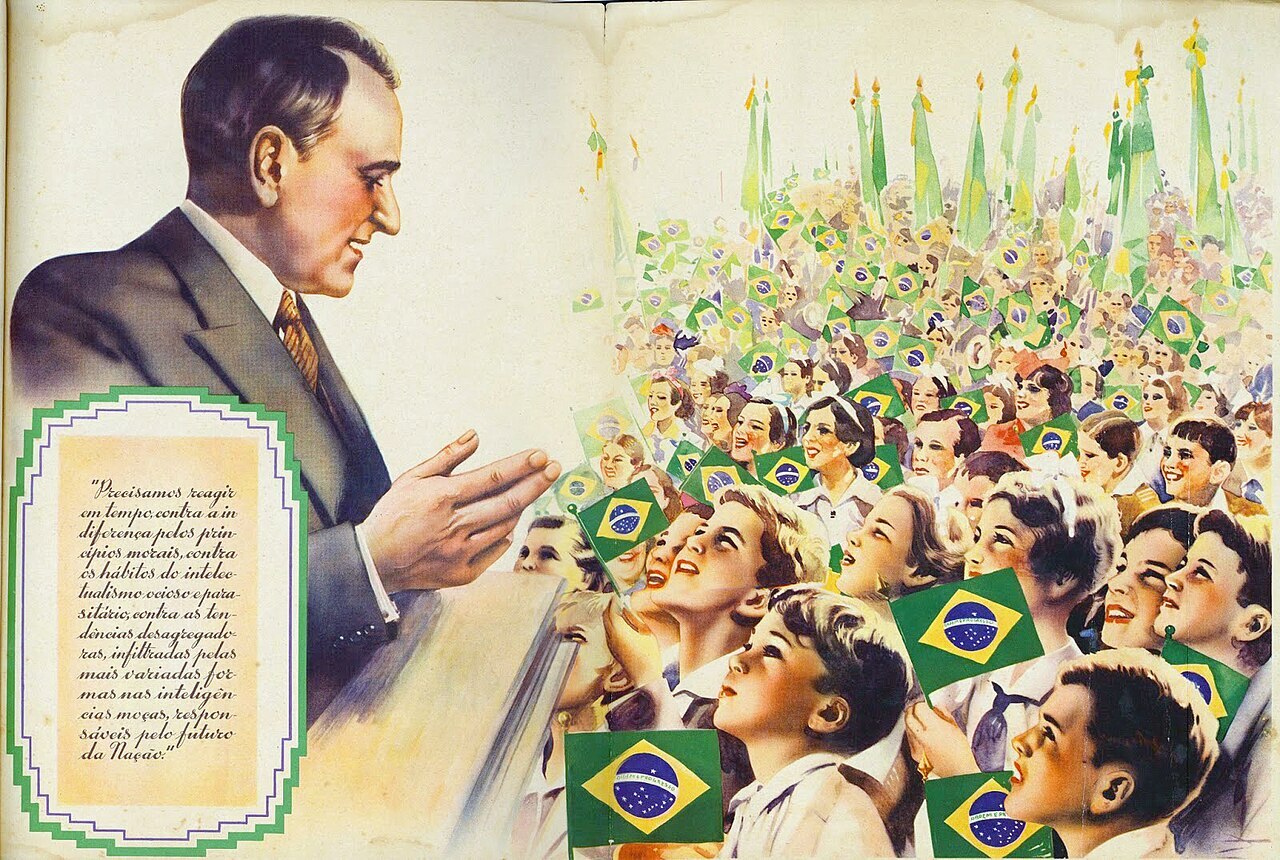 Ilustração de Getúlio Vargas discursando para milhares de crianças brancas que carregam a bandeira do Brasil.