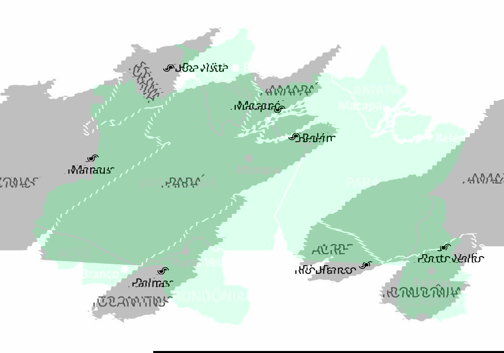 Mapa da Região Norte do Brasil com estados e capitais em cor verde.