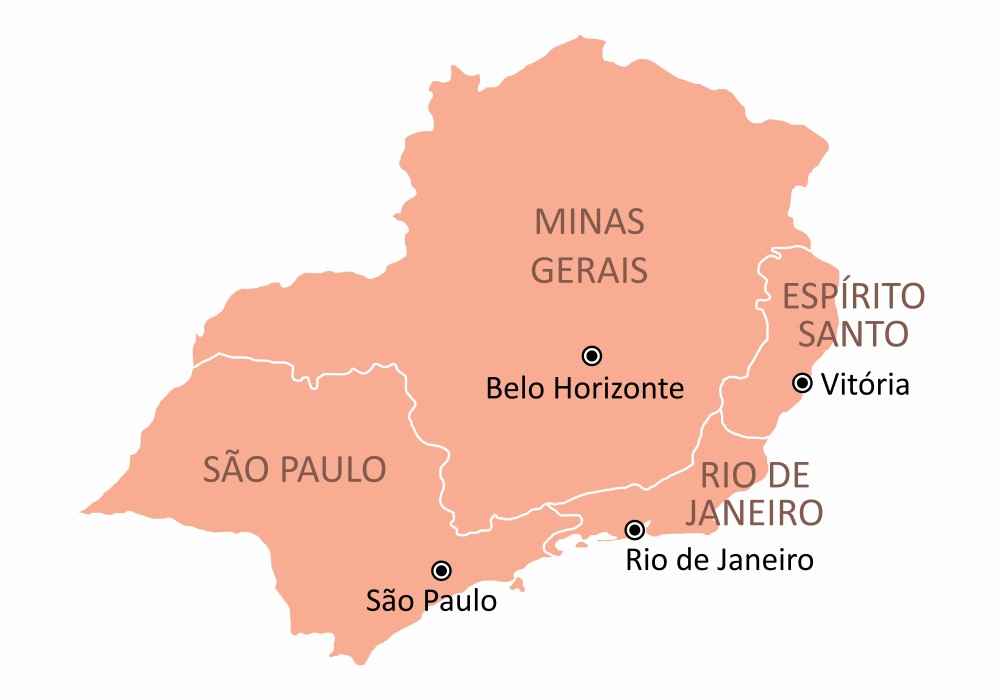 Mapa da região sudeste do Brasil com estados e as capitais na cor vermelha.