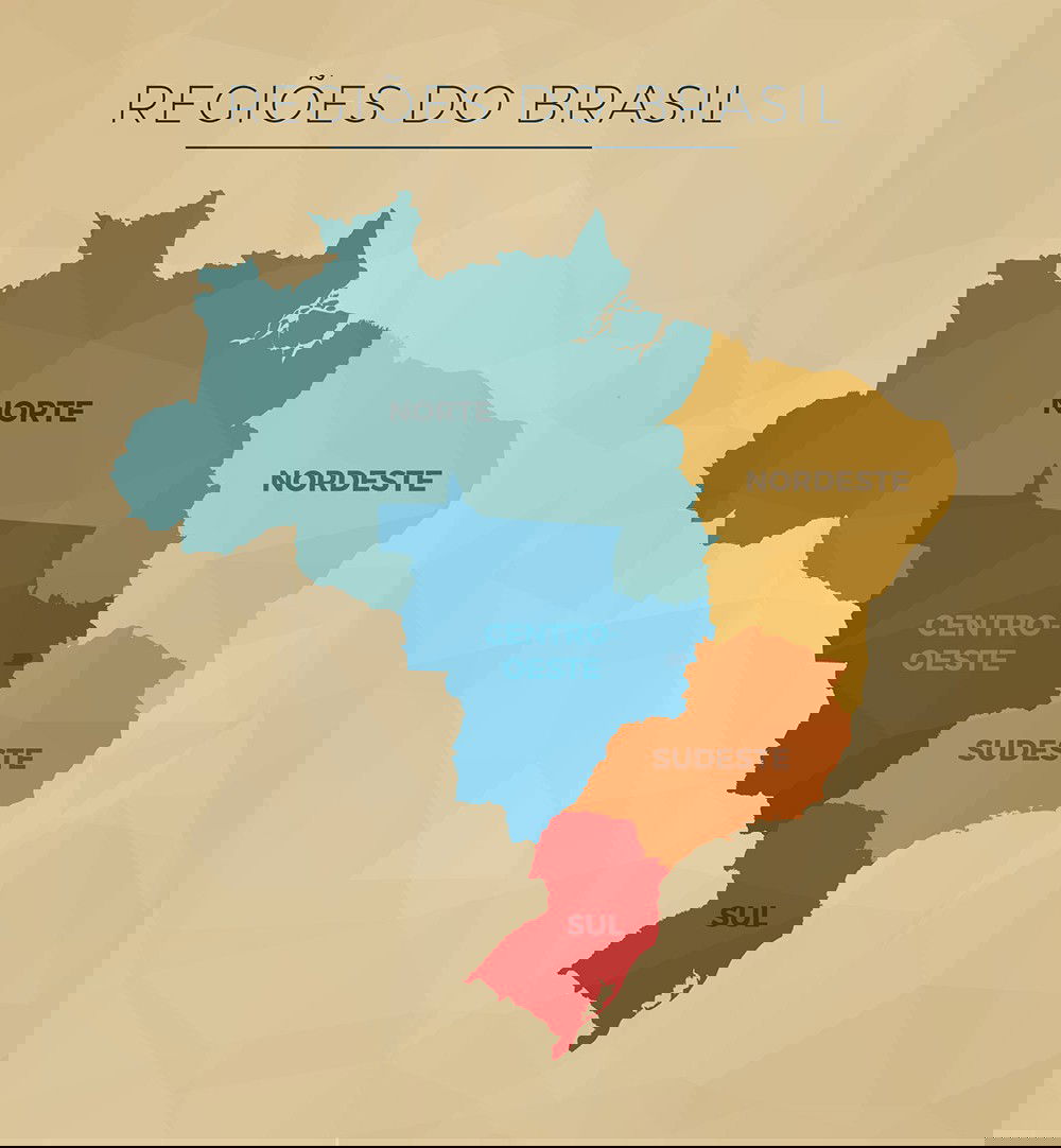 Mapa do Brasil com as cinco regiões em cores azul, vermelho, verde, laranja e amarelo.