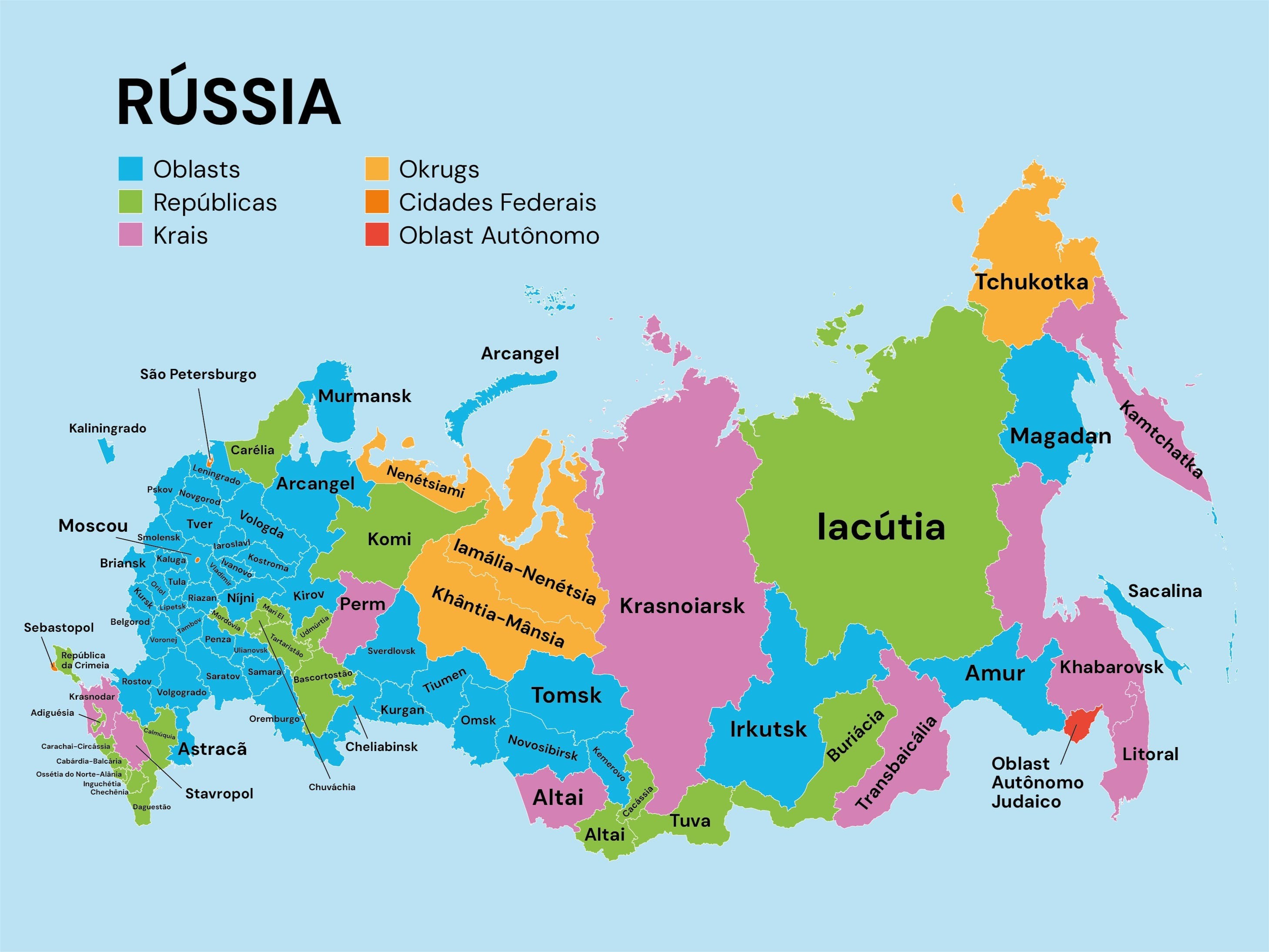 Mapa da Rússia com as 85 unidades administrativas nomeadas e separadas por cores.