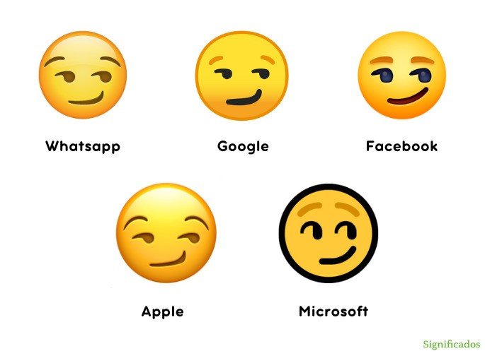 Cinco formas como o emoji sorriso de lado pode aparecer nas plataformas do Whatsapp, Facebook, Google, Apple e Microsoft.