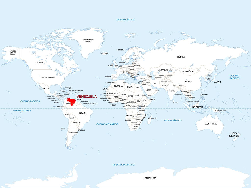 Mapa-mundi com os países em branco e cinza e a Venezuela destacado em vermelho.