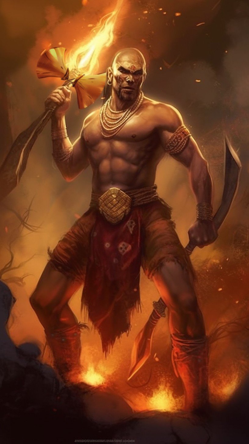 Orixá Xangô representado como um homem forte que segura um machado de duas pontas.