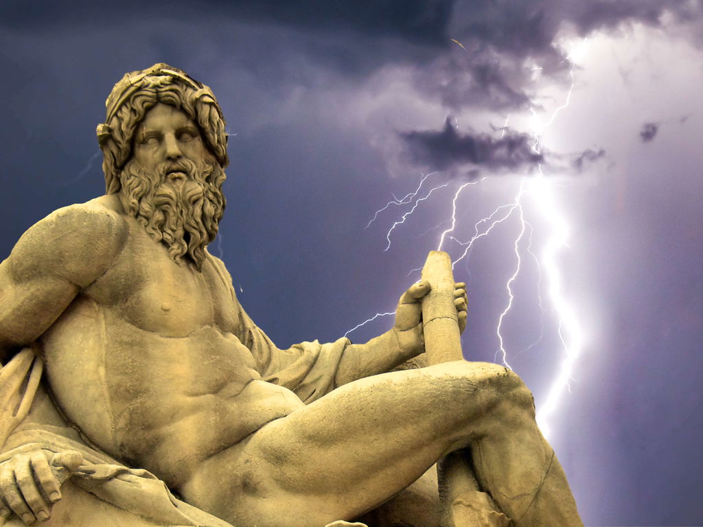 Estátua de Zeus com raios ao fundo.